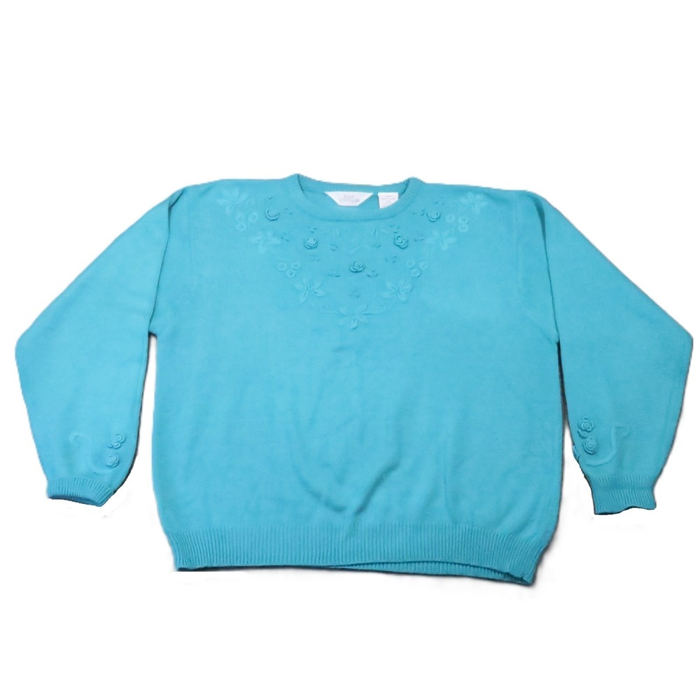 Vintage 80s 90s Sweater 2XL Teal 3D Embroidered Floral Grandmacore Retro Cottage
